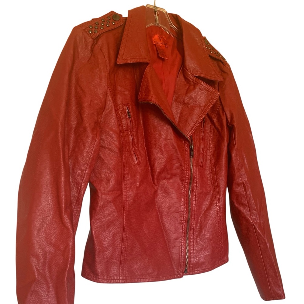 V CRISTINA Red Faux Leather Moto Motorcycle Retro Woman’s Jacket Coat Small